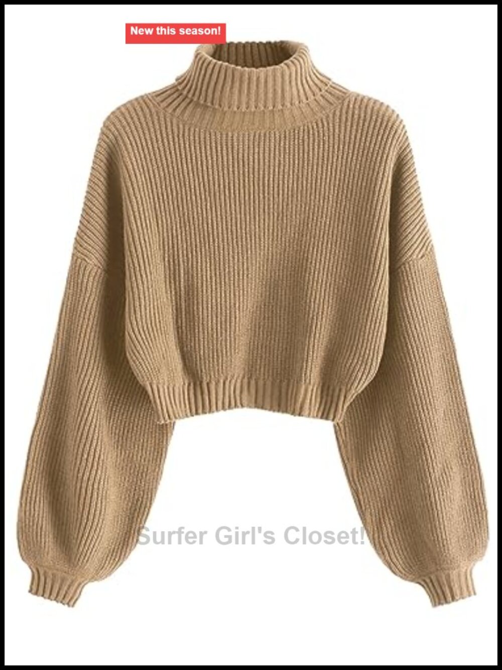 Cropped Turtleneck Sweater Lantern Sleeve Ribbed Knit Pullover